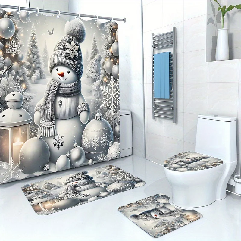 Christmas tree snowman waterproof bathroom set with anti-slip mats, toilet cover, and water-resistant polyester fabric drape Inc