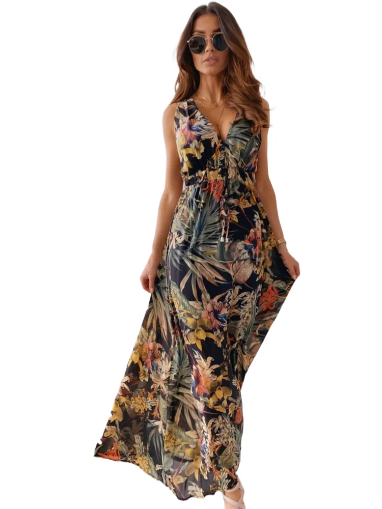 

Women's Summer New Fashionable Printed Sexy V-neck Sleeveless Bareback Strap With Waist Drawstring Casual Loose Long Dress