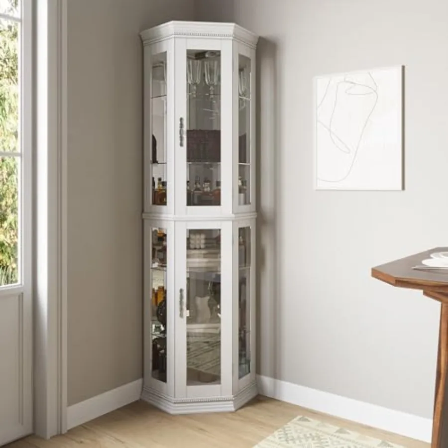 Lighted 3-side glass display curio cabinet for living room bedroom, tempered glass doors/shelves, walnut finish wood, LED accen view 3