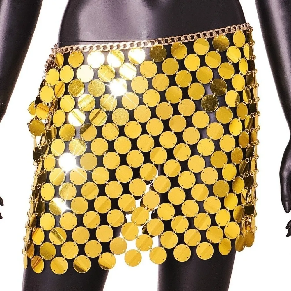 

Disc Sequined Mini Skirt Metallic Chain Disc Waist Chain Skirt Sexy Festival Rave Skirts Women