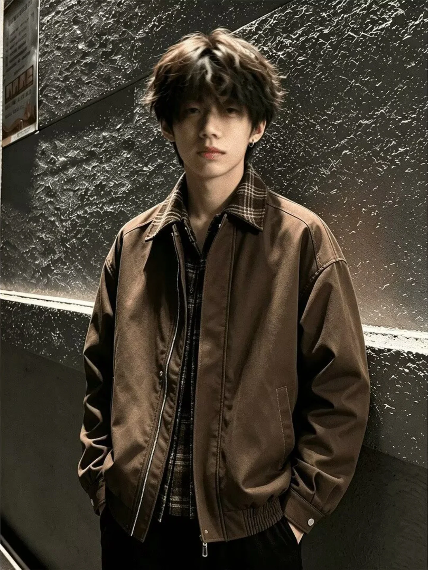 Retro Plaid Collar Flight Jacket Men's Loose Harrington Fake Two-Piece Outerwear Autumn Season Youth Trend Spring Listing
