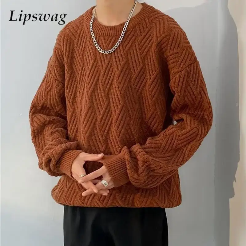 

Stylish Twist Jacquard Knit Sweaters Mens Fall Winter Casual Crew Neck Knitted Jumpers Fashion Men's Solid Color Knitted Sweater