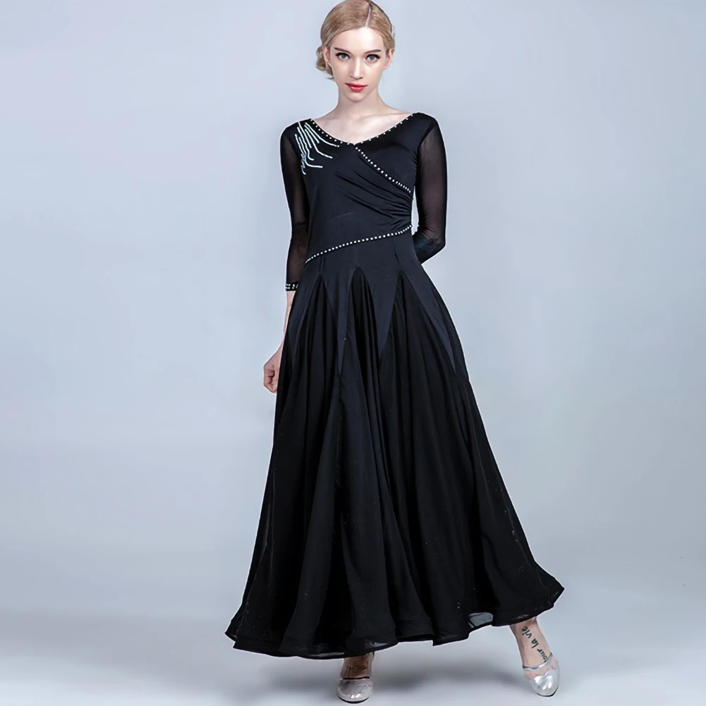 Standard Dance Competition Costume Rhinestone Custom Women's Banquet Dress V-Neck Performance Costume Long Sleeve