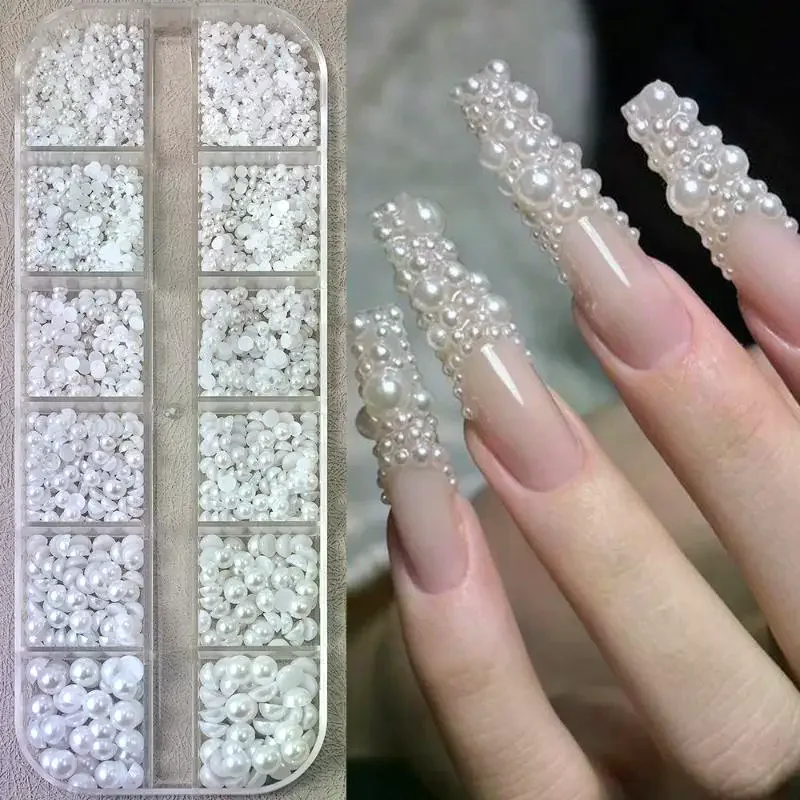 12 Grid Mixed Flat Bottomed Pearl Half Round Rhinestones 3D Nail Decoration Nail Jewelry Nail Charm Manicure Art