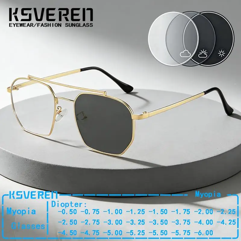 

New Metal Double Bridge Photochromic Myopia Glasses Men Women Fashionable Prescription Nearsighted Eyewear Sun Changing Color