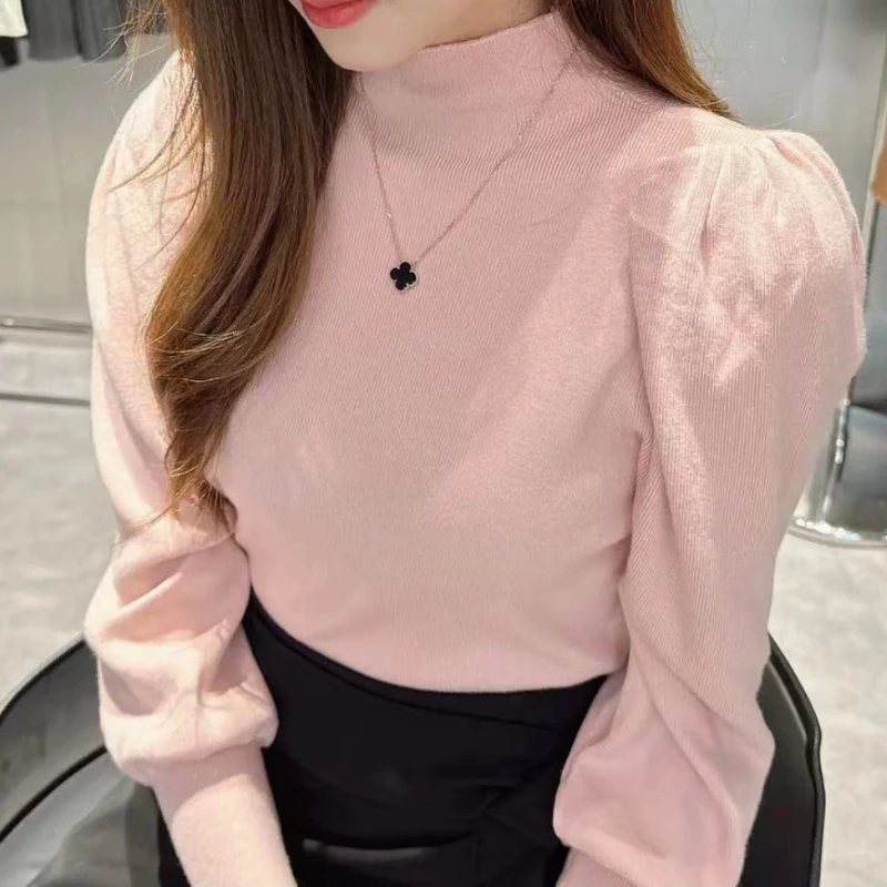 البلوز متماسكة القمم تريكو سترة المرأة محبوك قمصان الخريف الشتاء موضة الإناث الصلبة مطاطا عادية نحيل البلوزات ضئيلة #6