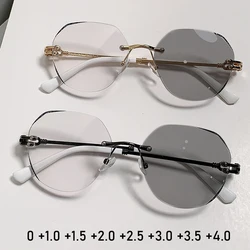Finished Women Men Hyperopia Glasses Fashion Frameless Photochromic Outdoor Far Sight Sunglasses Optical Prescriptions Eyewear