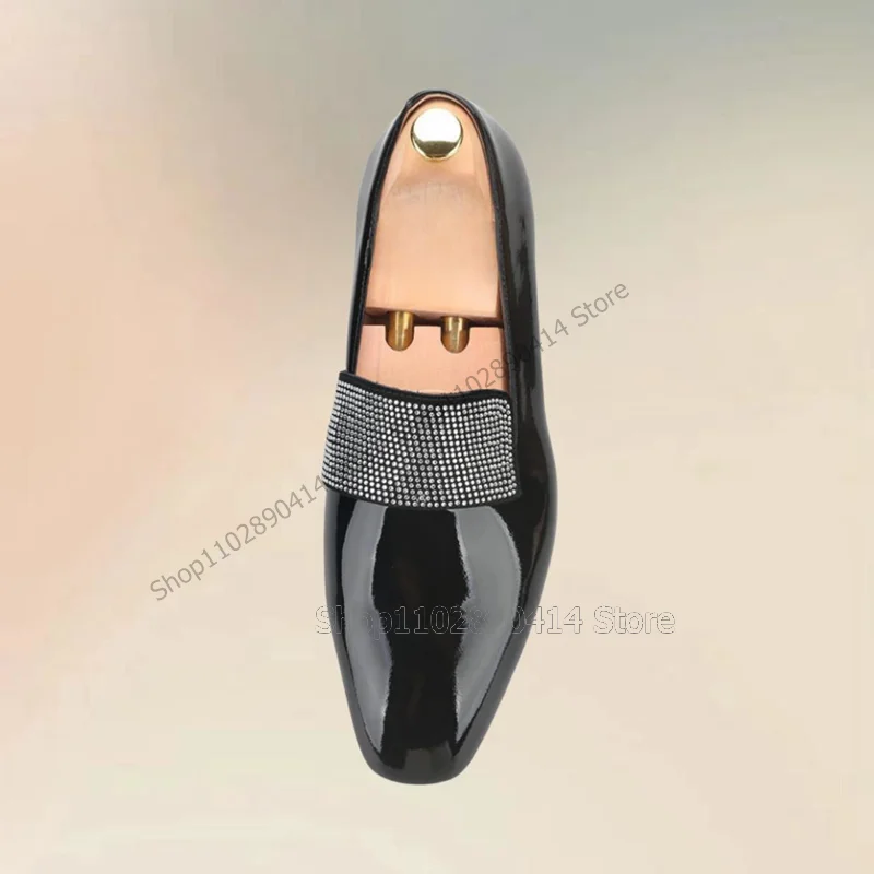 Crystal Decor Black Patent Leather Square Toe Loafers Fashion Slip On Men Shoes Luxurious Handmade Party Office Men Dress Shoes