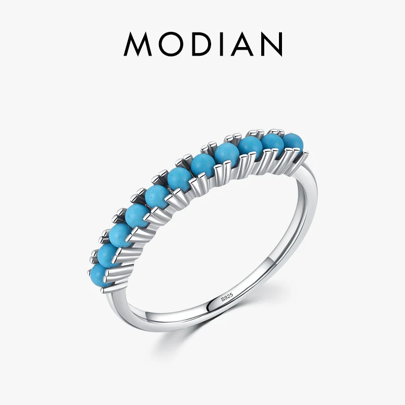 

Modian Simple Fashion Style 925 Sterling Silver Natural Turquoise Elegant Eternity Bands Rings Vintage Fine Jewelry For Women