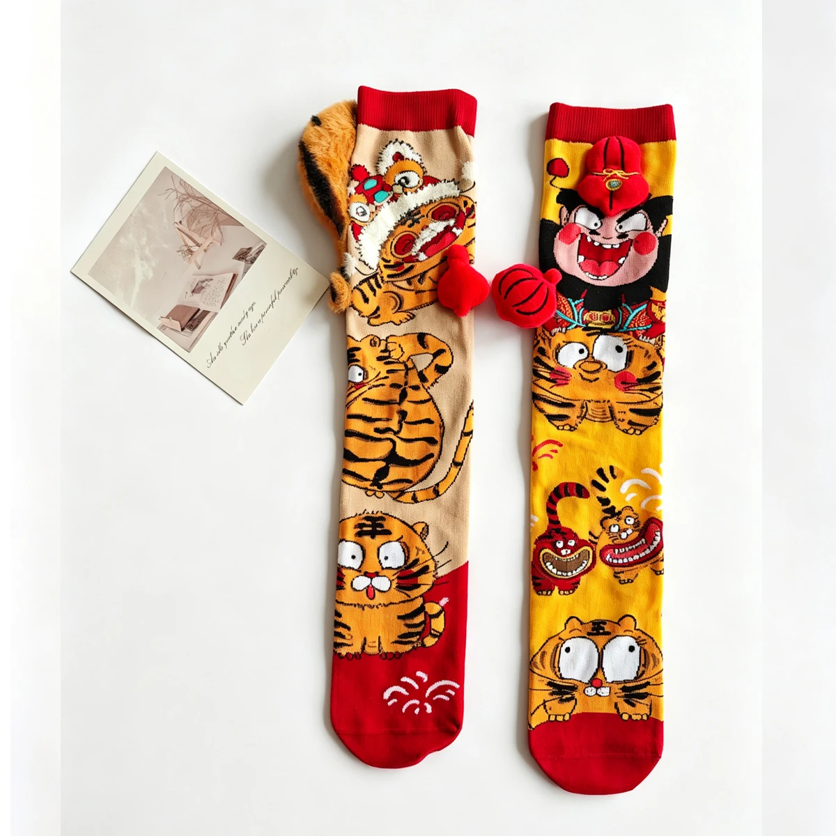 1 Pair Double Color Block 3D Fuzzy Fish Head Long Socks, Fun Cartoon Koi Print Mid-Calf Socks, Stylish Party Wear Cotton Socks
