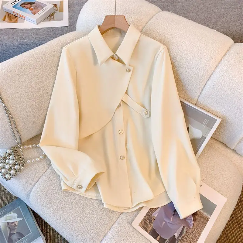 POLO Collar Irregular Shirt Design Sense Top Women's New Style Chic and Western-style Long Sleeved Inner Shirt