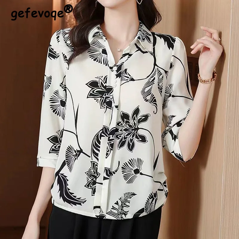 Casual Fashion Floral Printed Button Chiffon Shirt Summer 2022 New Polo-Neck Half Sleeve Loose Pullovers Blouse Women\'s Clothing