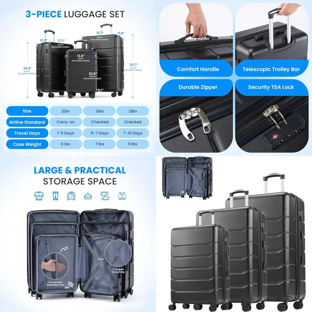 

3-Piece Deluxe Luggage Set with Spinner Wheels, TSA Lock, Expandable Hard Shell Suitcase, Lightweight Rolling Bag, Black