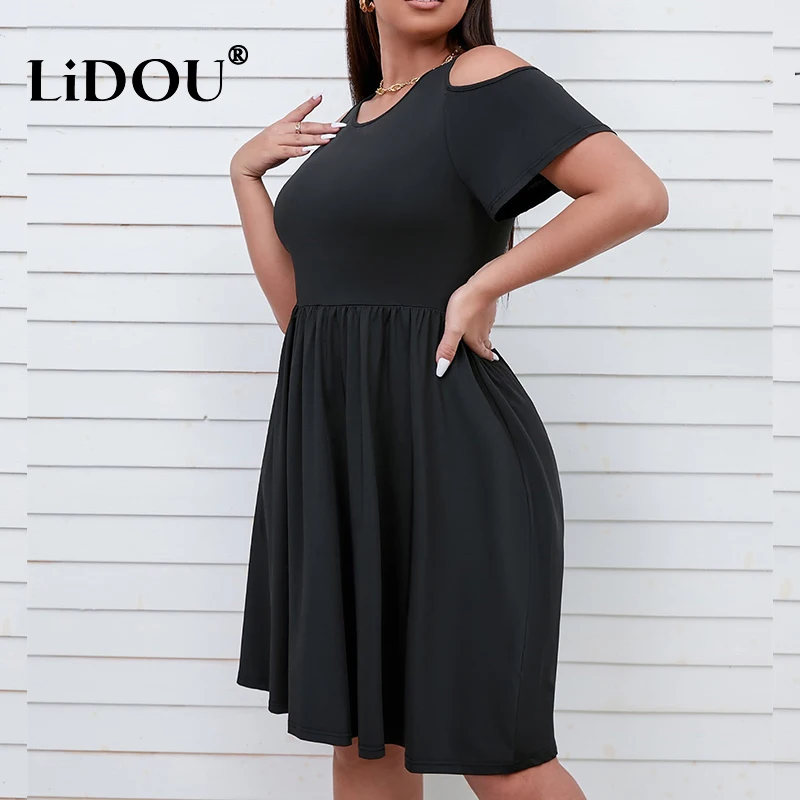 Summer Fashion Solid Color Plus Size Aesthetic Dress Women Elegant Sexy Chic Simple Short Sleeve Strapless Vestidos De Fiesta