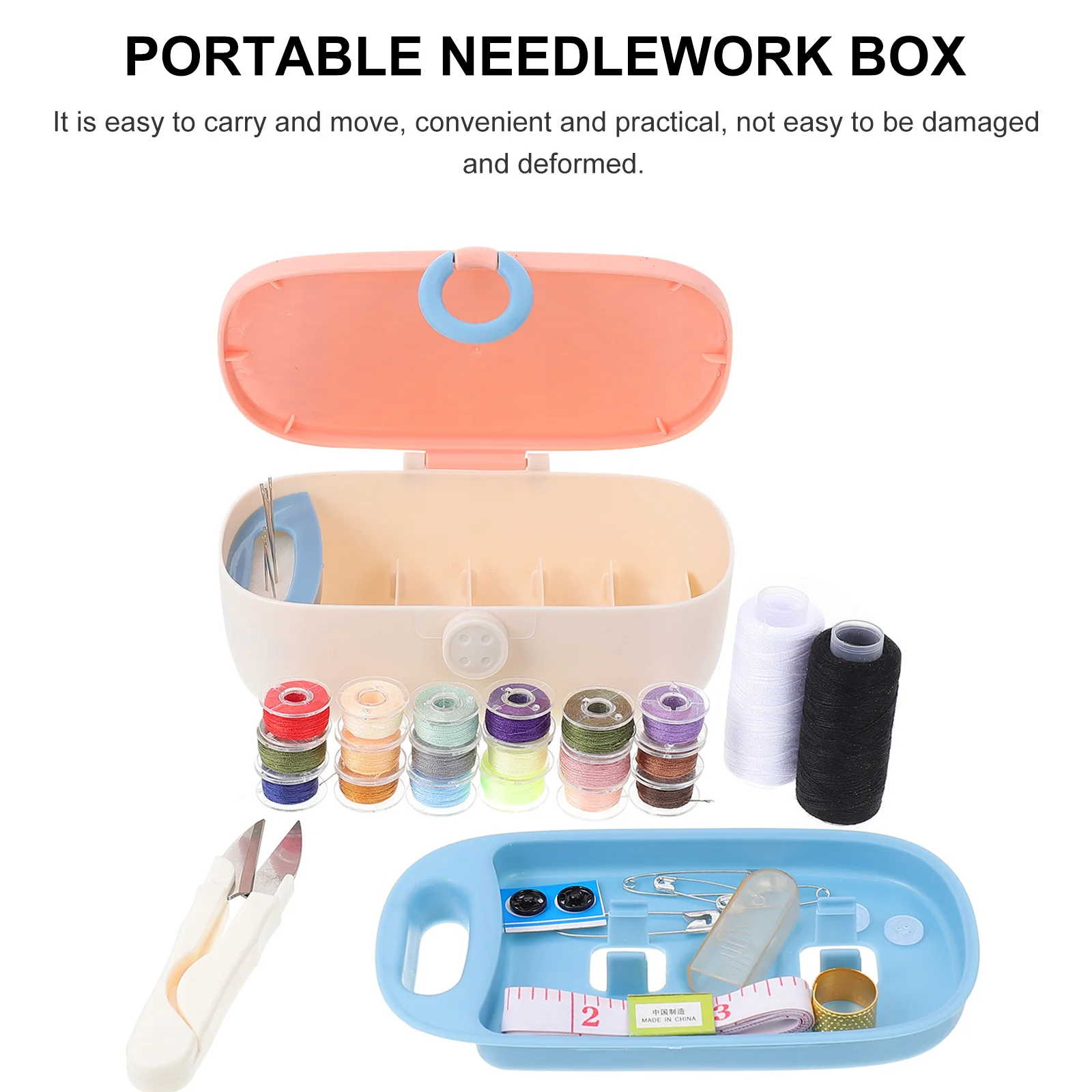 طقم صندوق تطريز محمول منظم خيط الخياطة حقيبة تخزين مضادة للغبار للمنزل والسفر ومستلزمات الخياطة اليدوية باللون الوردي
