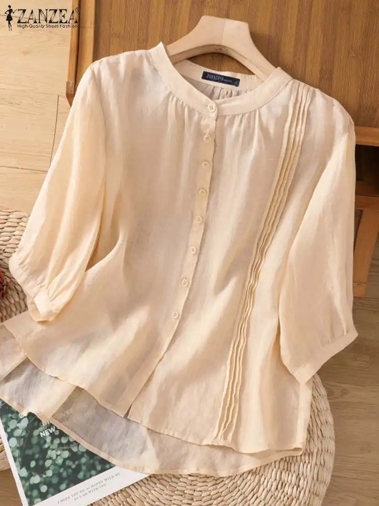 

ZANZEA Women Solid Color Shirt 2024 Summer Round Neck Buttons Blusas Casual Loose Simple Tops Elegant Half Sleeve Holiday Tunic