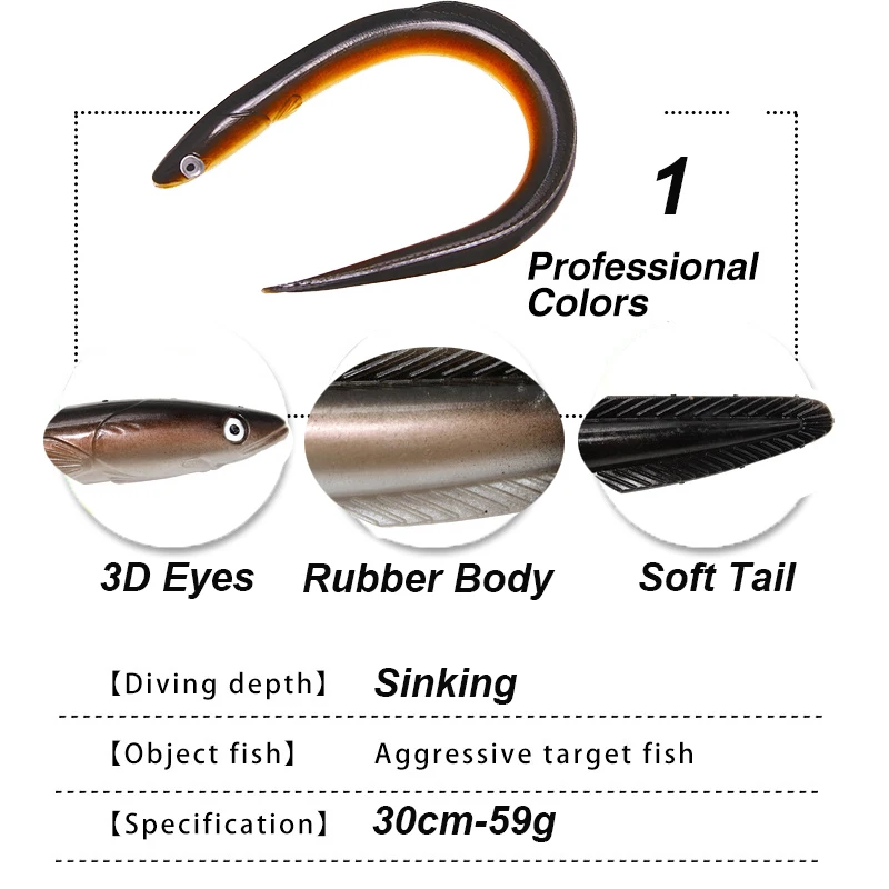 WESTBASS 1PC Electric Eel Soft Bait 30cm-59g Sea Fishing Lure Rubbler Loach lurre Silicone Swimbait Wobblers gummifische leurre