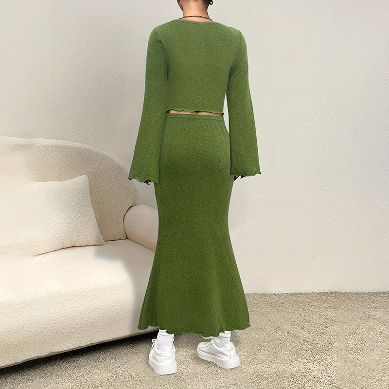 Two Piece Sets Boho Knitted Ruffles Long Sleeve Top Shirts Green And Maxi Skirt Bodycon Robe Sexy Beach Outfits Women Club Dress