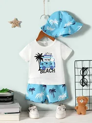 Holiday Beach Style Baby Boy Set Round Neck Short Sleeve White T-Shirt Coconut Tree Pants + Sun Protection Hat Three-Piece Set