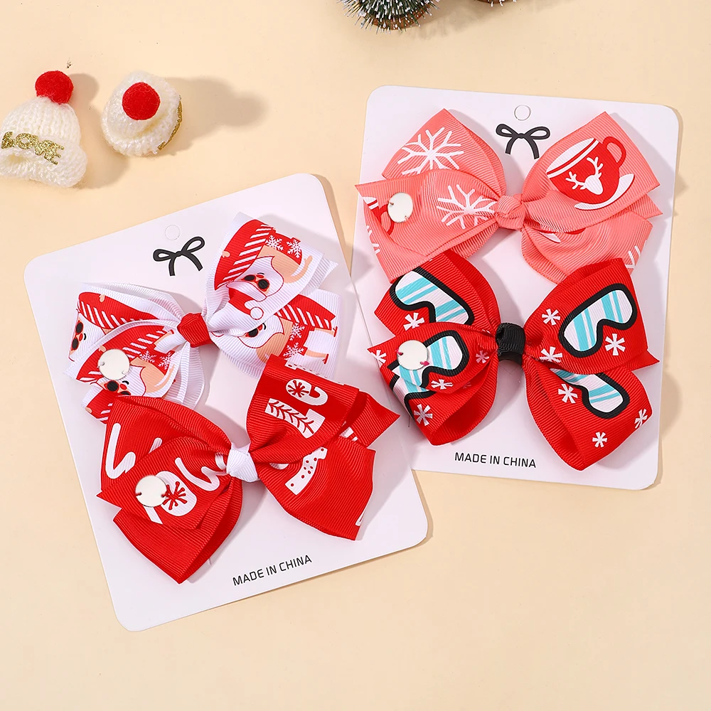 

2Pcs/set 5‘’ Christmas Print Hair Bows with Clips for Baby Girls Ribbon Headwear Hairpins for Party Goth Kids Hair Accessories