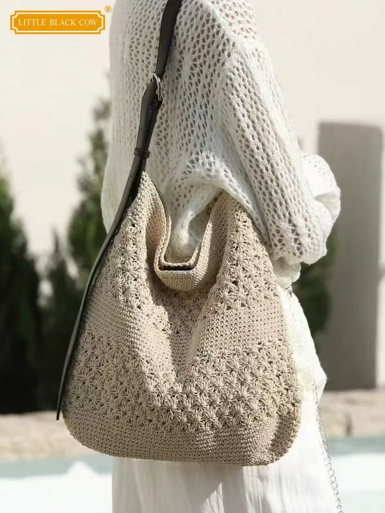 

Handmade Weave Bucket Bag Women Large Capacity Holiday Beach Shoulder Bag Lady Casual Totes Handbag Leather Strap Crossbody Bag