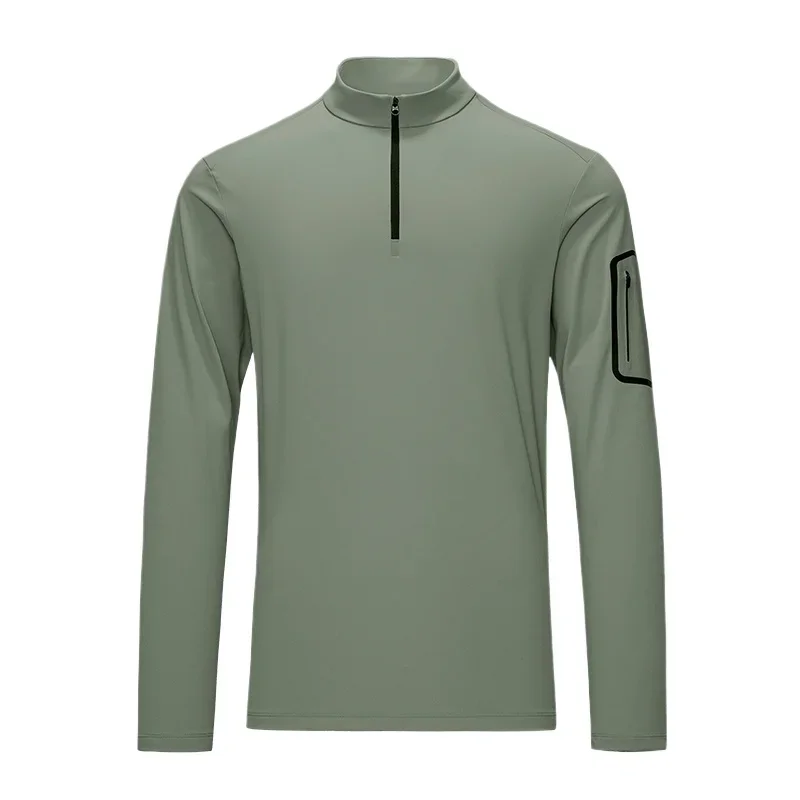 Light Velvet Men's Long-sleeve T-shirt Fitness Gym Outdoor Sports Stretch Warm Fleece Half Zipper Pocket Men Pullover Sportswear