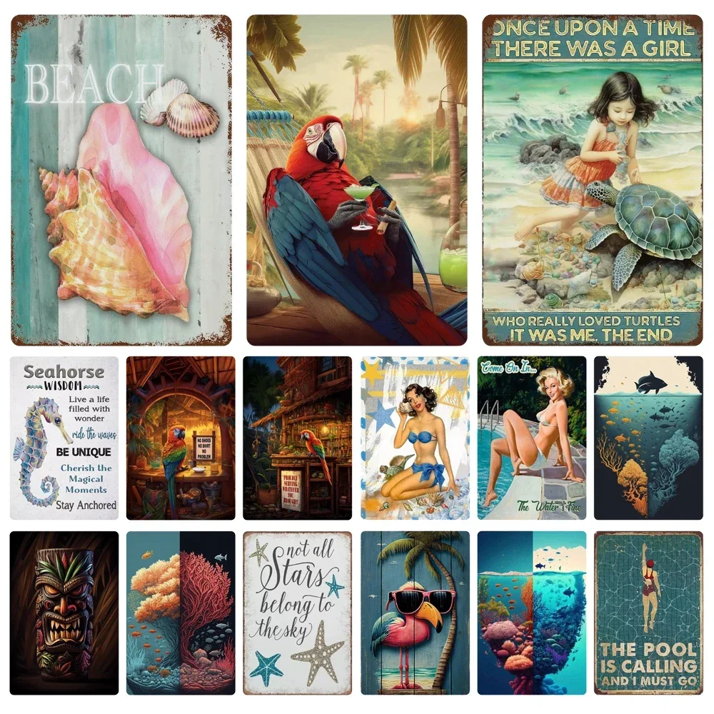 

Vintage Meeresschildkröte Dekor, Meeresschnecke, Metallblechschild, nautisches Strand-Ozean-Thema, Retro-Sommerplatten am Meer,