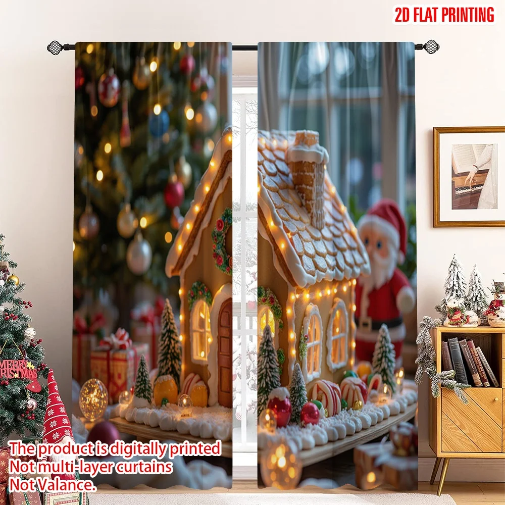 

2pcs 2D flat printing Christmas Curtains Christmas Gingerbread House Santa Claus Polyester Without Electricity Family Party