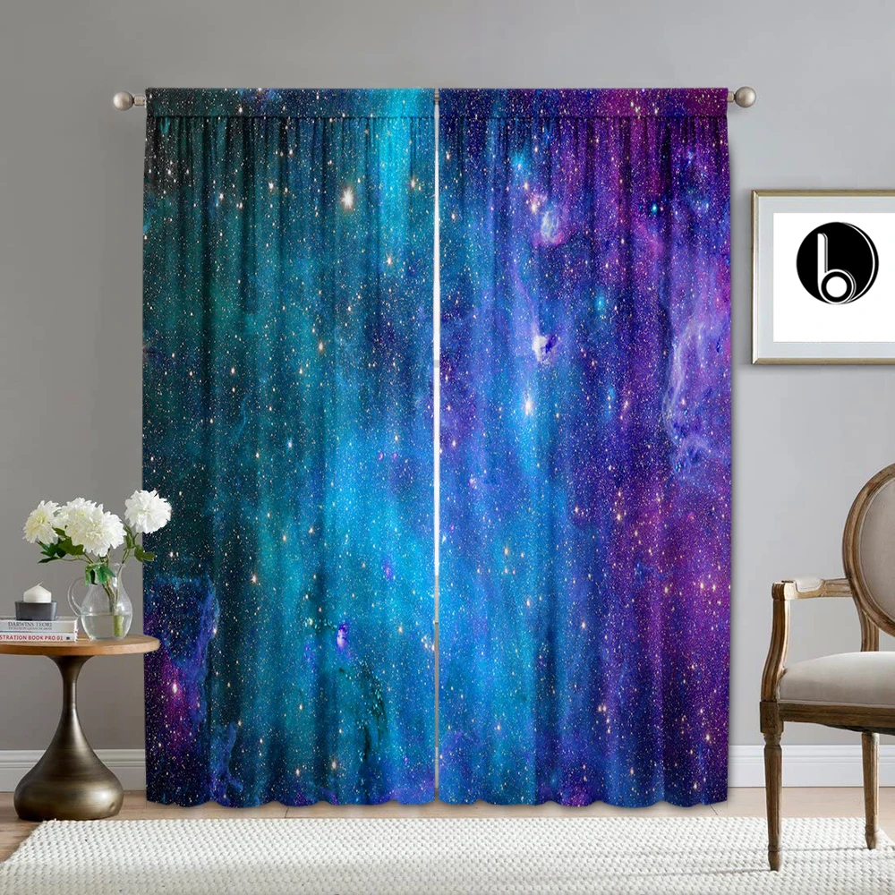 2PC Home Decoration Curtains, Dark Blue Forest Night View, City Night View Pattern Decoration Background, Modern Printed Curtain