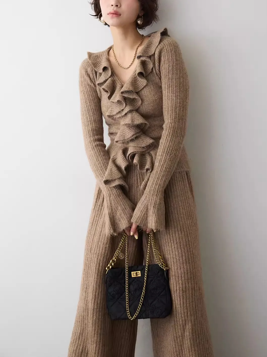 Conjunto de Dos Piezas de Moda Femenina, Top de Punto con Mangas Campana que Adeaza, Plones Anchos de Pierna, Cintura A...