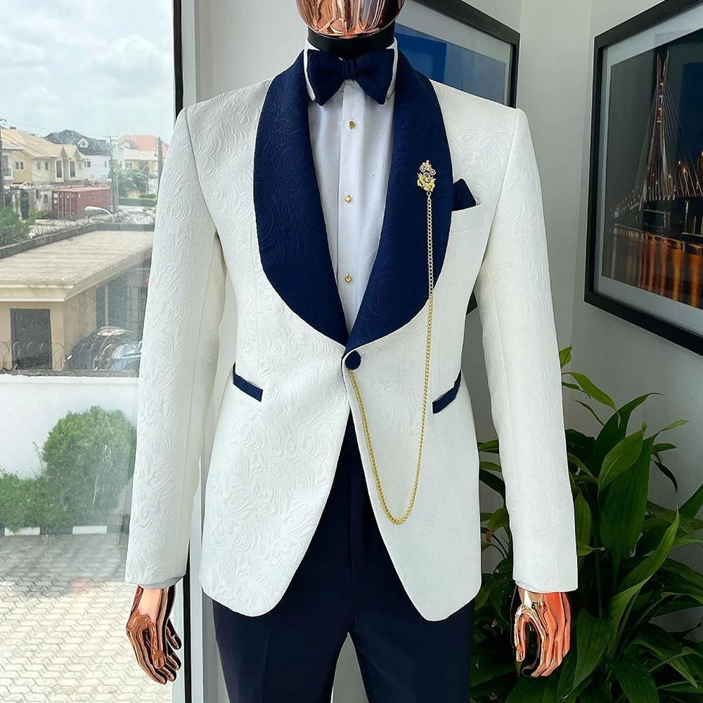 

New Fashion Jacquard Men Suits High-end Shawl Lapel One Button Male Blazer Smart Casual Wedding Tuxedo Slim Fit 2 Piece Set