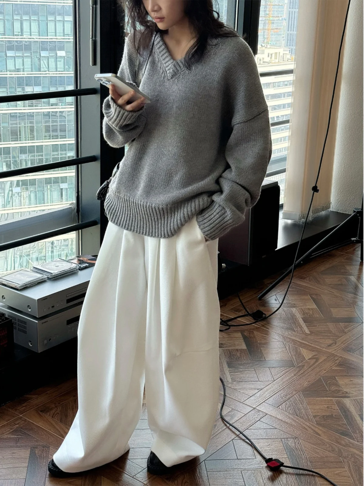 

OL High Waist Wide Leg Pants Women's Thickened Commute Casual Trousers Harlan Pleats Long Pants Spring Autumn Fashion