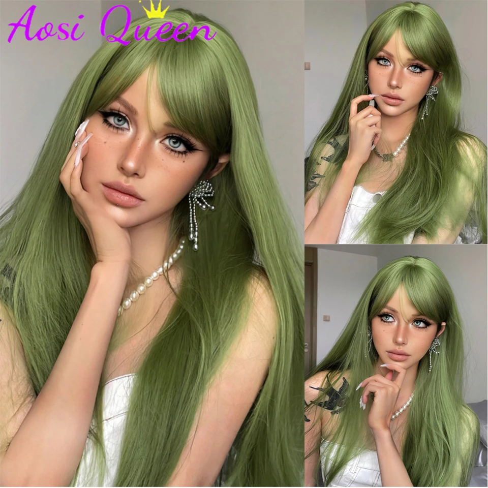 AOSI  20 Inch Fruit Green Long Straight Hair With Bangs Synthetic Heat-resistant Long Straight Hair Cos Wig