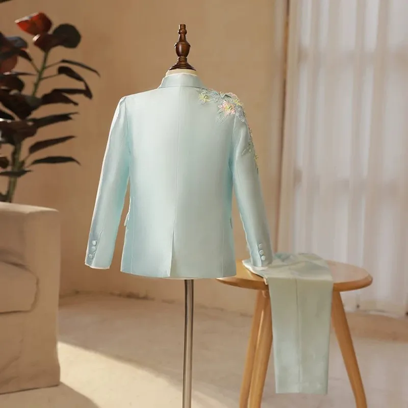 Boys Tuxedo Suit 3D Floral Embroidery Kids Flower Boy Wedding Party Stage Show Piano Performance Formal Costume Outfit A3753