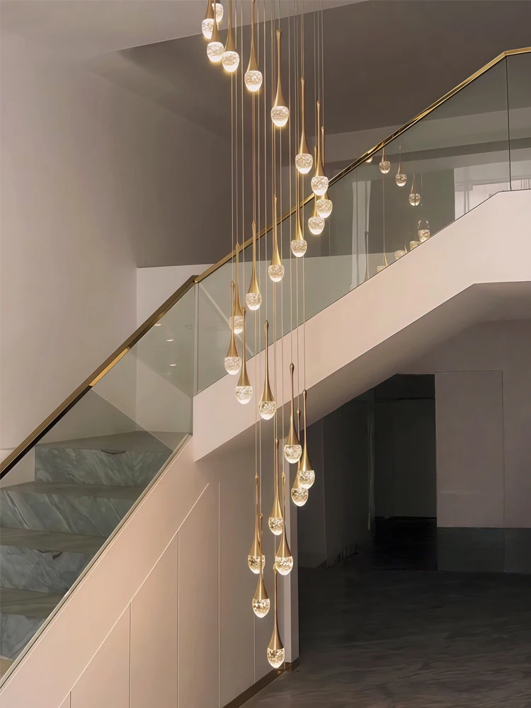 

Nordic Minimalist Crystal Raindrop Pendant Light LED Staircase Chandelier For High Ceiling Villa Duplex Home Decor Living Room