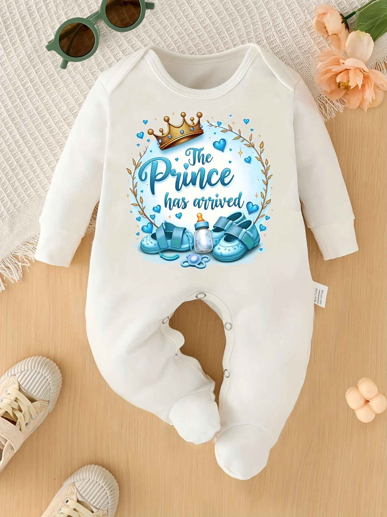 Crown Prince Print Baby Footed Romper The Prince Has Arrived Long Sleeve Onesie Infant Photo Prop Baby Shower Gift for Boys