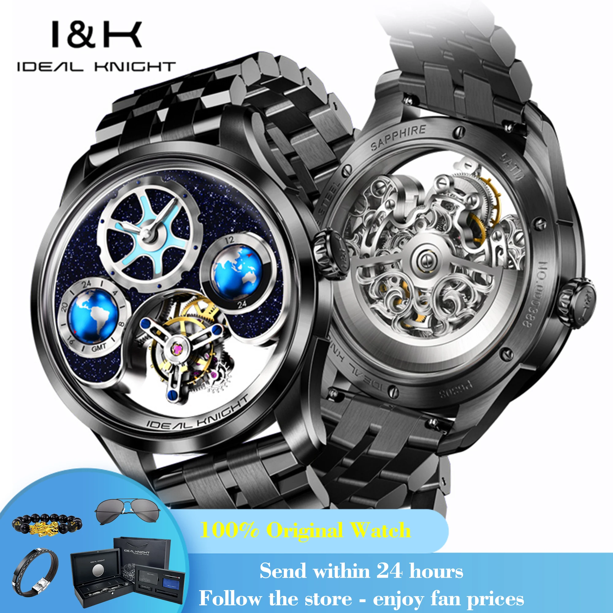 

IDEAL KNIGHT 6808 Men's Watch Hollow Skeleton Mechanical Watch For Men Blue Earth Dial Waterproof Tourbillon Man Wristwatch