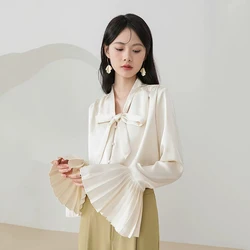 Spring Women Shirts Y2K Korean Elegant Bell Sleeves Ladies Satin Tops Fashion Solid All Match Evening Party Lace Up Blouse New