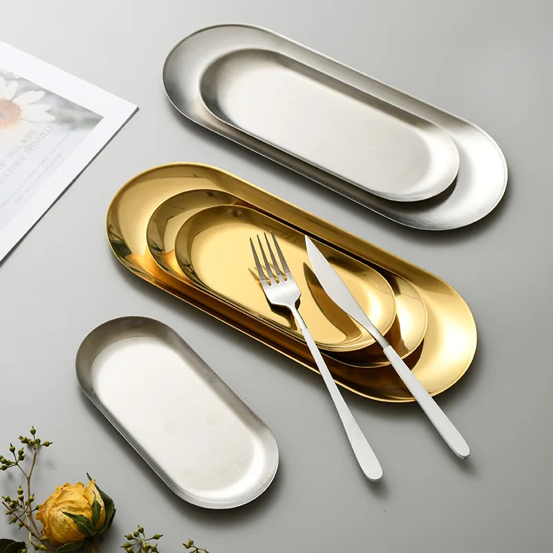 

Thickened Stainless Steel Korean Barbecue Plate Oval Snack Plate Flat Bottom Plate Self-service Dim Sum Plate Tray Steak Plate