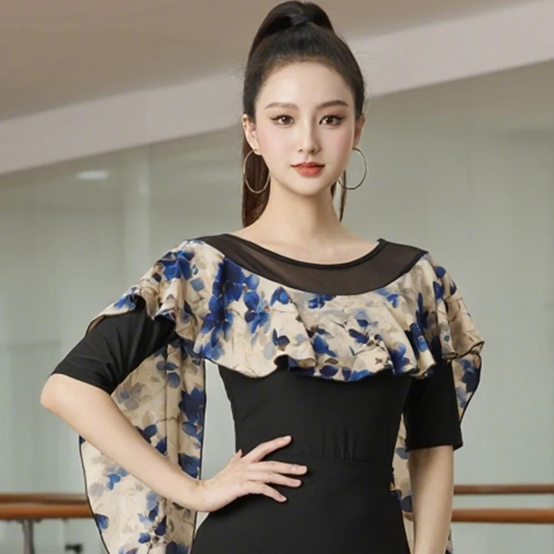 ملابس علوية لقاعة الرقص بأكمام عائمة للنساء شبكة سوداء ملابس الرقص الحديثة للبالغين ملابس ممارسة الرقص اللاتينية التانغو DW10843