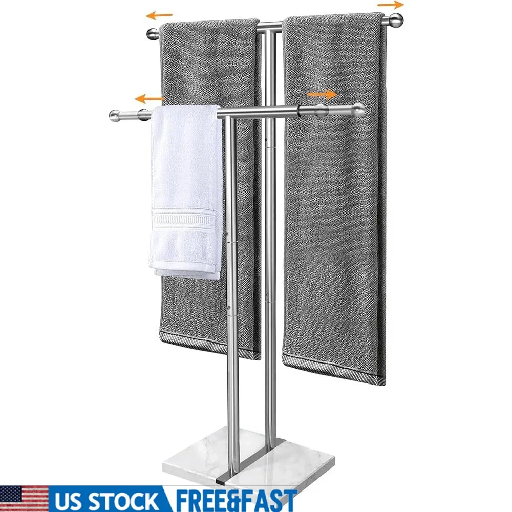 40 Inch Adjustable Towel Rack Freestanding Bathroom Storage Stand 2 Tier Lightweight Marble Base Anti Skid Pads Rust Resistant