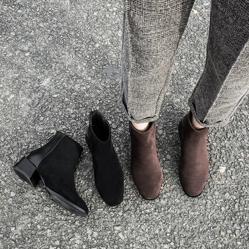 Cow Suede Ankle Modern Boots Spring/Autumn Square Toe Women's Shoes on Sale 2024 New Mid Heel Solid Concise Women's Boots