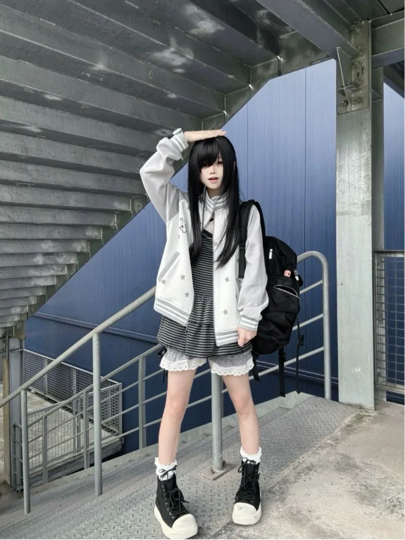 Star Y2k veste à capuche couche d'air mignon Vintage manches Raglan veste à glissière japonais ample mignon doux sweat manteau pour dames