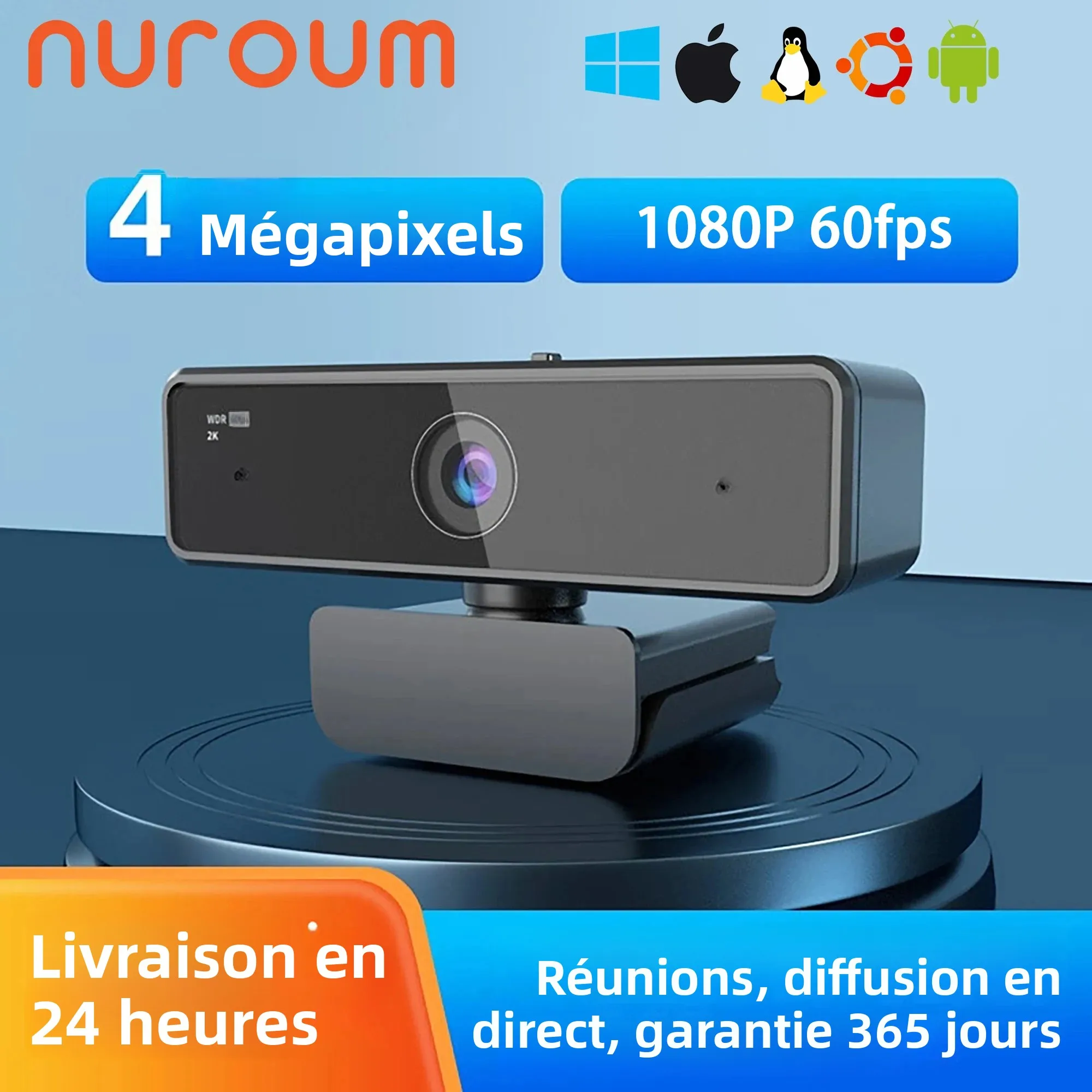 Caméra web USB Nuroum V11 haute qualité 1080p 60fps Full HD, plug and play, mini webcam 2K pour PC portable avec microp…