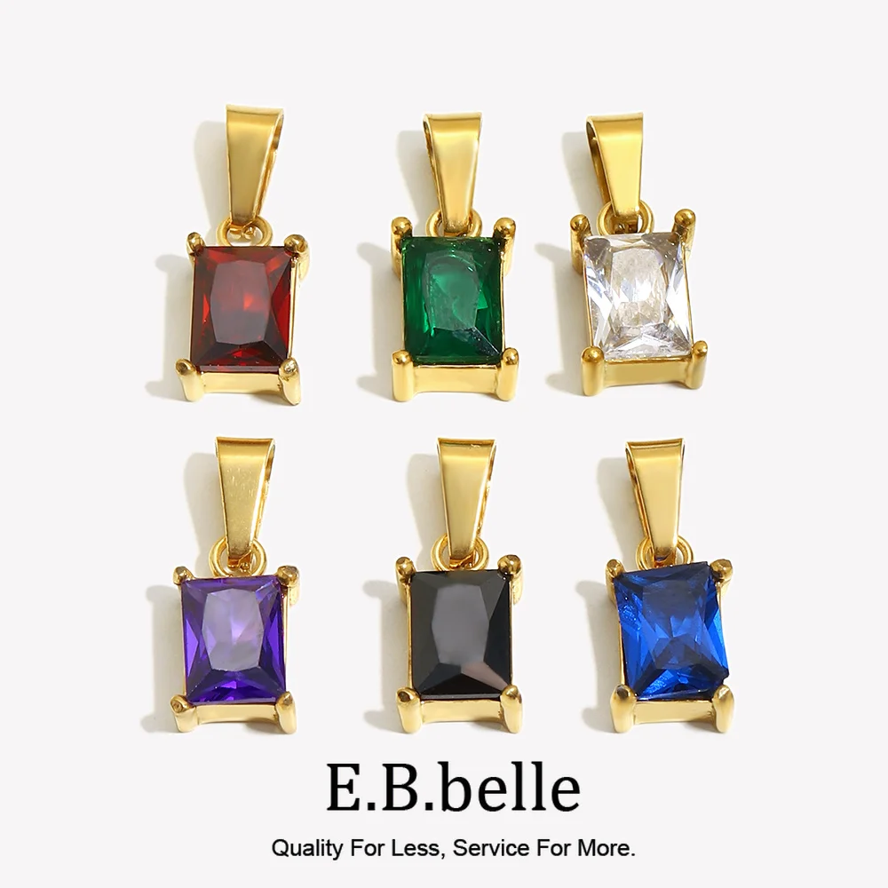 E.B.belle Stainless Steel Rectangular Zircon Stone Pendant Charm Tarnish Free 18K Gold Plated Women's Gift