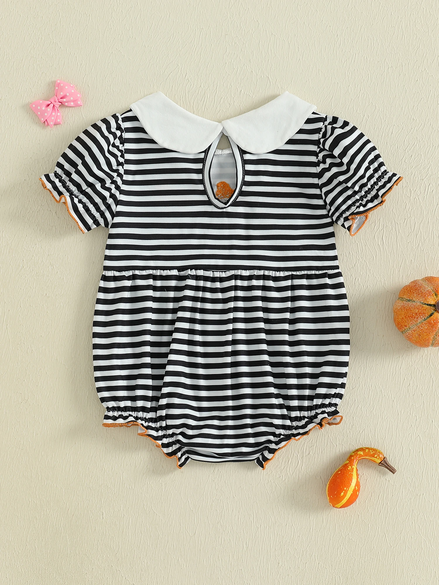 Infant Halloween Costume Short Sleeve Striped Jumpsuit with Doll Collar for Baby Girls Fall Romper Playsuit for Newborns