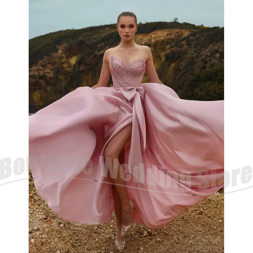 

Chic Strapless Evening Dress Sequin Beaded Satin A-Line Party Gown Fashion High Slit Bow Floor Length Formal Prom Dress