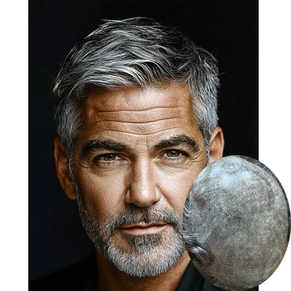 

Super Durable 1B10 1B20 Grey Man Natural Frontline 100% HumanHair Capillary Prosthes System Full Skin Toupee Brown Male Thin Wig