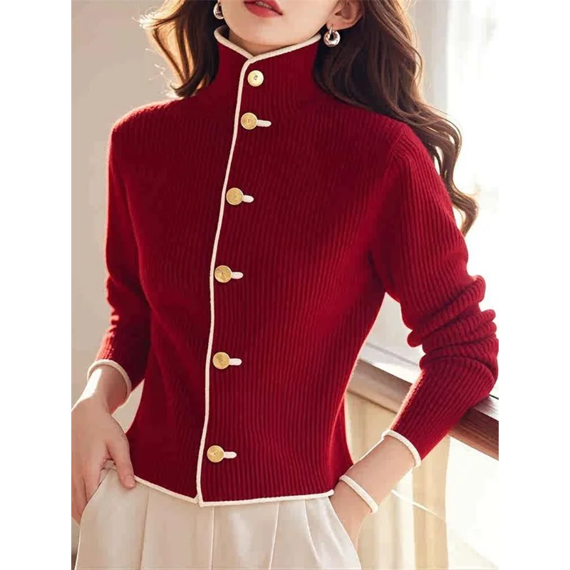 

Осень-зима, элитный модный стильный нижний свитер, красный кардиган, свитер с высоким воротником, верхняя одежда, многослойная одежда