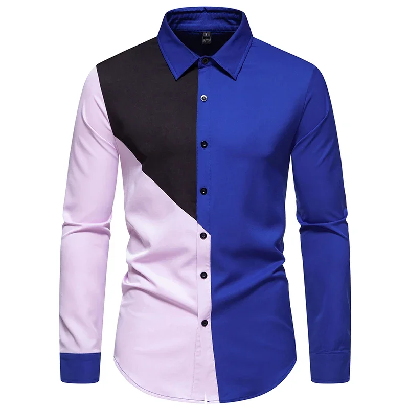 Fashion Shirts for Men Autumn New Men's Stitching Color Retro Dress Clothes Wedding Business Shirt Chemise Homme